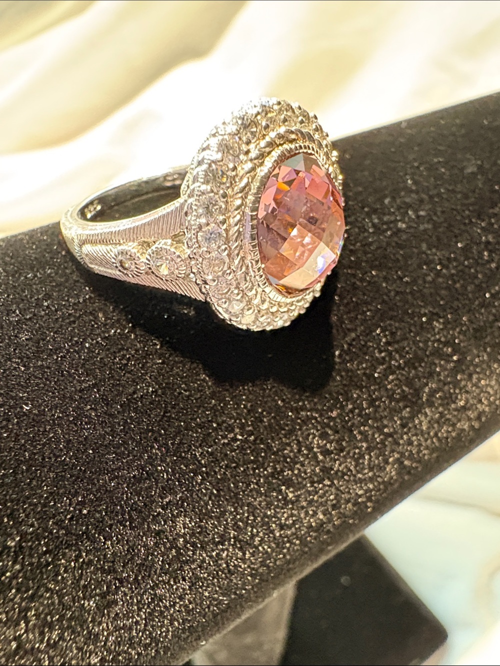 Judith Ripka 925 Sterling Silver Pink Quartz Halo Statement Ring CZ Designer 8 - Picture 2 of 4